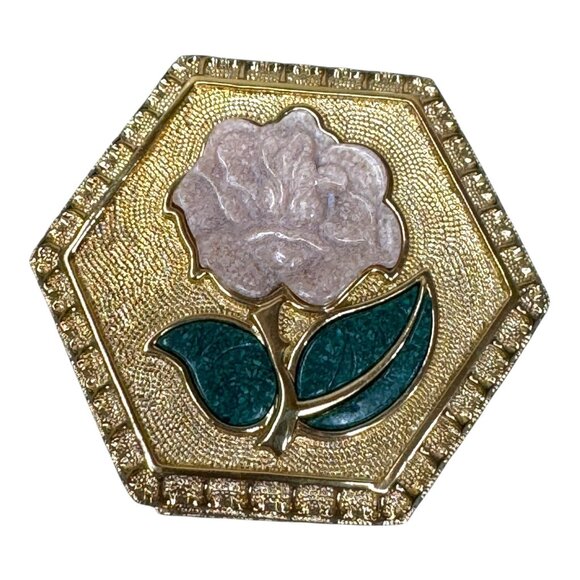 Black Hills Gold Jewelry Trinket Box No. 2 Hexagon Pink Rose Inlaid Gemstone - Picture 8 of 8